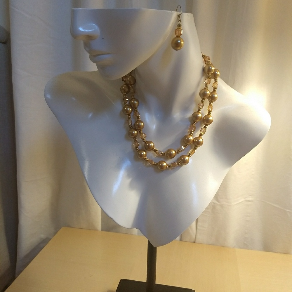 Ephe210 Faux Pearl and Crystal Necklace Set